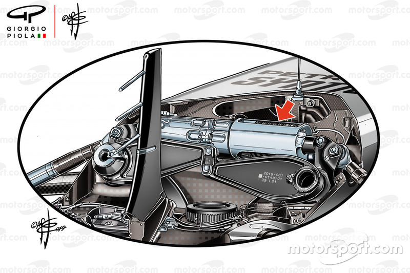 Mercedes AMG F1 W10, dettaglio della sospensione anteriore